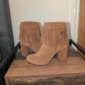 River Island Tan Suede Fringe Block Heel Booties